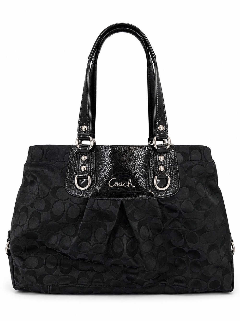 Coach Black Signature Jacquard Tote Bag Patent Leather Trim Shoulder Bag